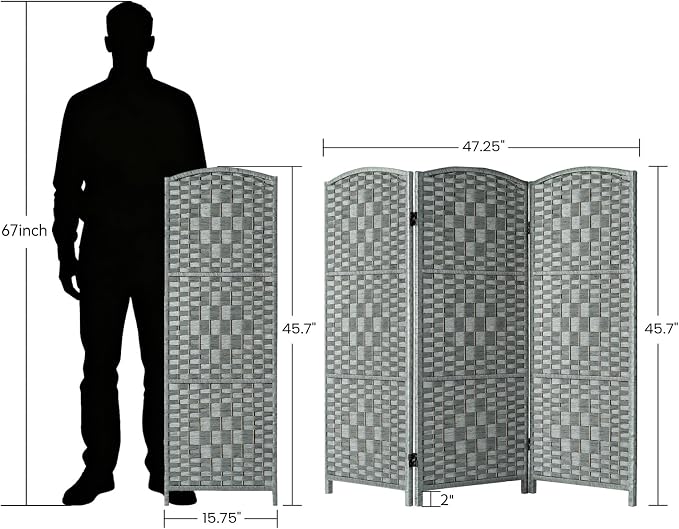 HALLYBEE Short Room Divider, Small Folding Privacy Screens, 3 Panel Grey | - Image 2