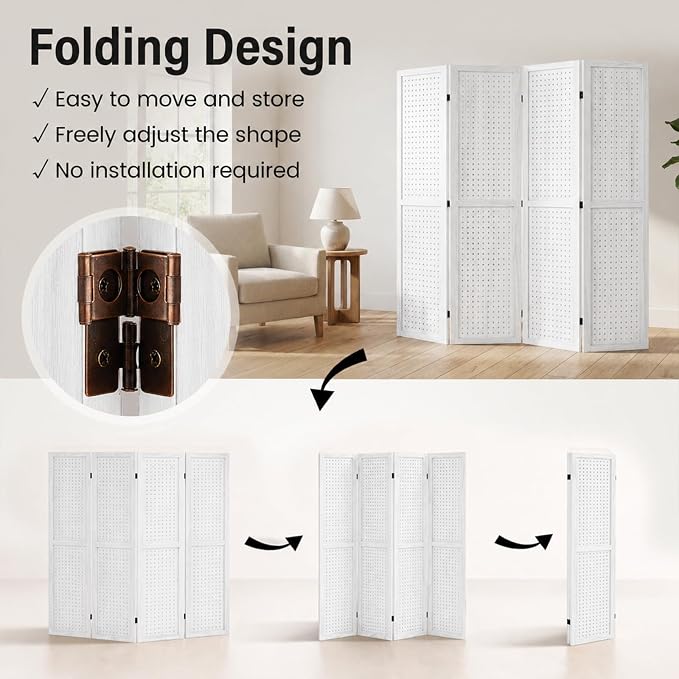 4 Panel Pegboard Room Divider, Folding Privacy Screen, Freestanding Wooden - Image 6