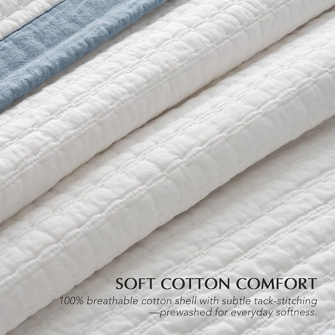 Cotton Border Frame Tack-Stitch Quilt Bedding Set King Size, Coastal Oversized - Image 3