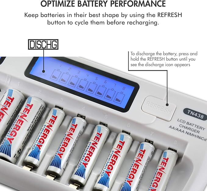 Tenergy TN438 16-Slot Smart Battery Charger for AA AAA NiMH NiCd Batteries with LCD Display + 8 AA and 8 AAA Premium Rechargeable Batteries
