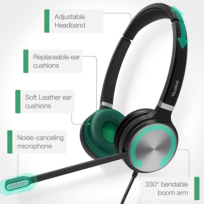 Yealink UH36 Professional USB Headset, Wired Headphones for Computer PC Laptop Work Headset with Noise Canceling Mic for Call and Music（for Teams Certified, Stereo,3.5mm Jack/USB Connection）