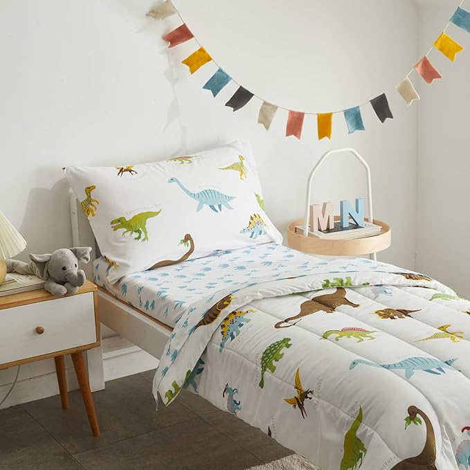 4 Pieces Toddler Bedding Set Dinosaur White with Colorful Dinos and Monsters Toddler Comforter Sheet Set for Autumu and Winter Includes Comforter, Flat Sheet, Fitted Sheet and Pillowcase