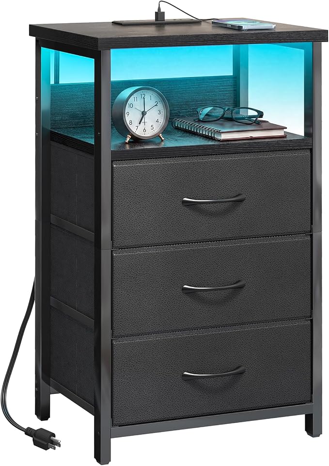 Fixwal Night Stand with 3 Drawers, built-in bedside charger, 2 AC outlets & 2 by Fixwal