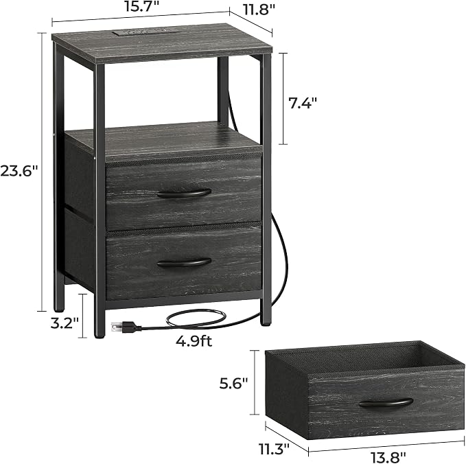 Huuger Nightstand with Charging Station, Side Table with Fabric Drawers | - Image 7