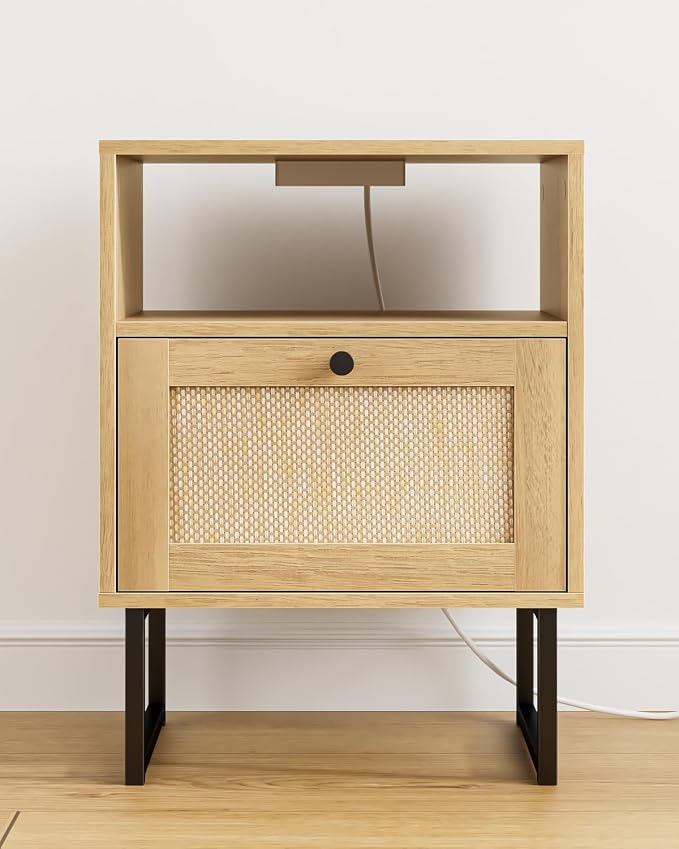 Masupu Rattan Nightstand with Charging Station, Modern Boho Farmhouse Wood - Image 9