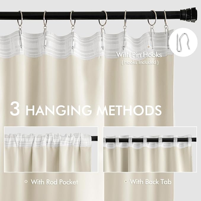 MIULEE Beige White Back Tab Blackout Curtains 52x90 Inch Long 2 Panels Set | - Image 3
