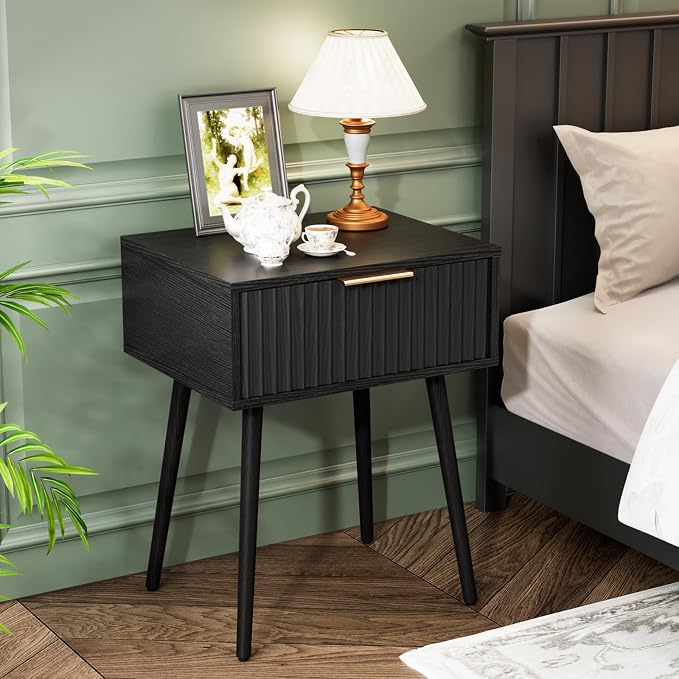 VINGLI Fluted Nightstand with Drawer, Bedside Table, End Tables Bedroom by VINGLI