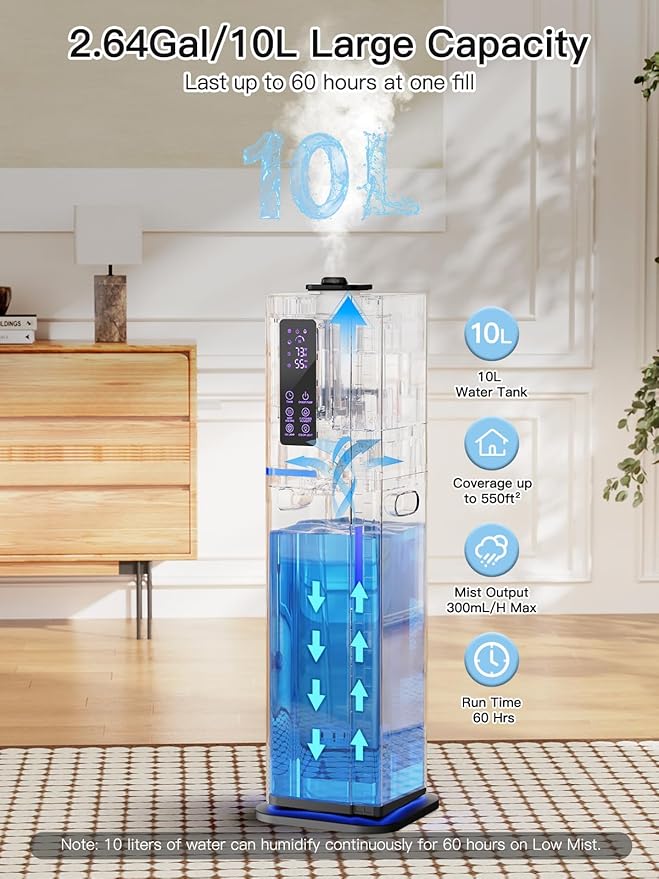 Zeova 10L/2.64Gal Humidifier, Top Fill Quiet Ultrasonic Cool Mist Humidifiers for Bedroom, Covers 550ft², 60H Runtime, 24H Timer, 3 Mist Modes Humidifier Large Room, Home, Office, Plants, Black