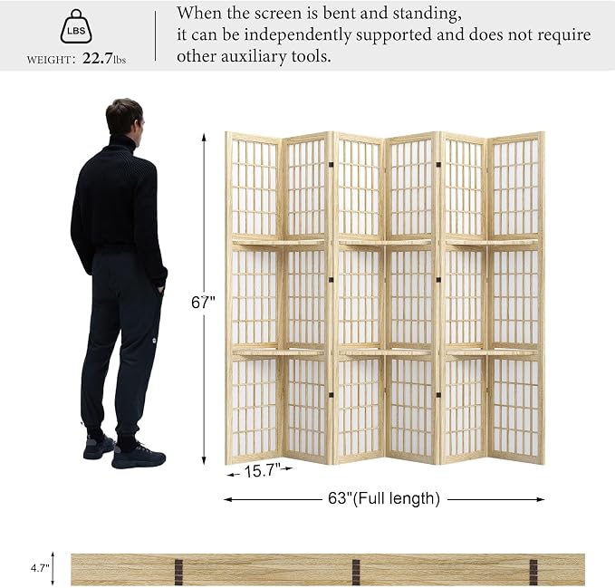 Room Divider with Shelves, 66.9-Inch Tall Japanese Shoji Style Wood Screen with - Image 6