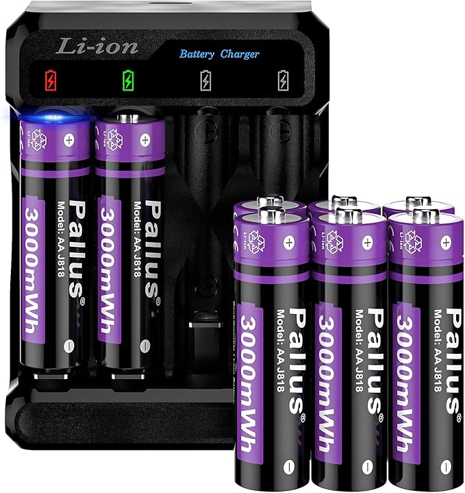 Pallus 1.5v Rechargeable Lithium AA Batteries with Charger - 8 Pack Long Lasting Double A Battery for Blink Camera, High Capacity AA Rechargeable Batteries, Cycles 1600x, Ideal for High-Drain Devices