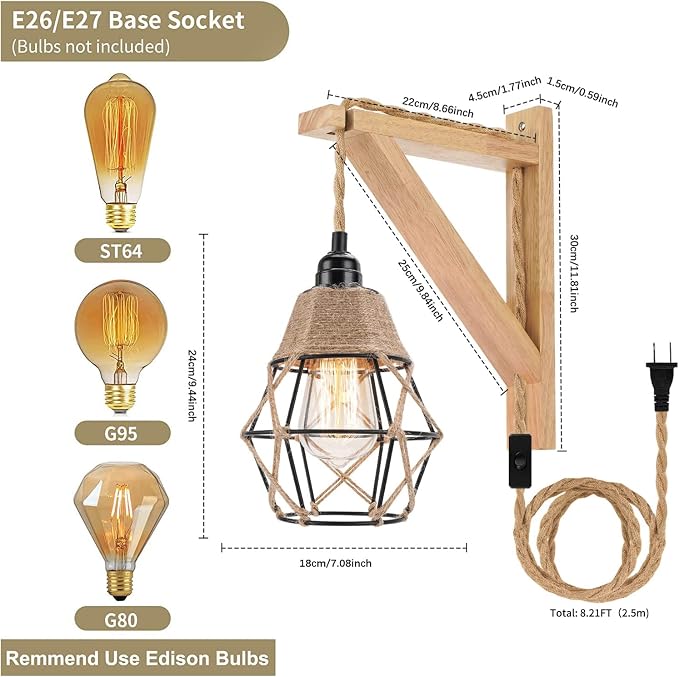 Frideko Plug in Wall Sconce Set of Two, Boho Farmhouse Hanging Wall Lamp - Image 4