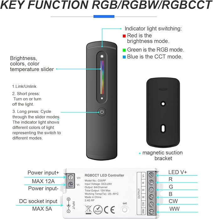2.4GHz RF RGBCCT LED Strip Controller Remote Kit, Wireless Remote & Tuya Controller Dimmer with Group Control Adjust Brightness/Color Touch Slide for PWM 6Pin COB LED Strip Light DC5V DC12V DC24V