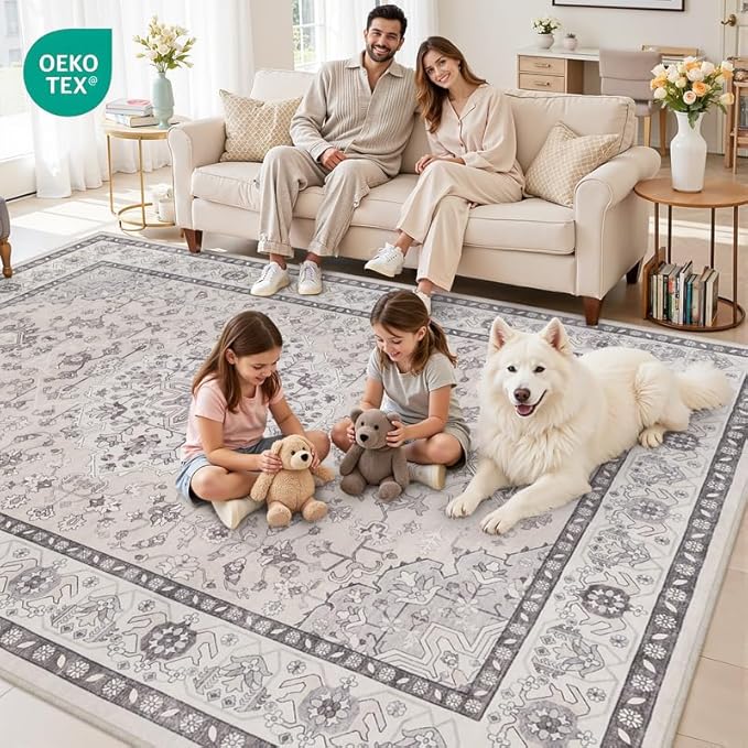 6x9 Area Rugs Living Room: Bedroom Washable Carpet Beige & Grey | Large Vintage - Image 8