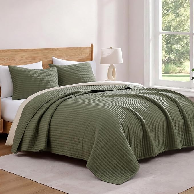 Oversized King Quilt-Olive Green Lightweight Bedspreads Quilt Bedding Set | - Image 8