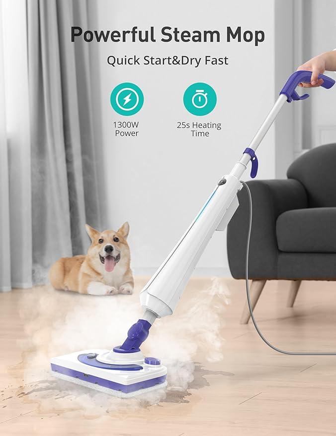 Steam Mops for Floor Cleaning, 1300W Floor Steamer with Detergent Chamber, 25S Heat Up, Lightweight Steamer for Cleaning with 2 Washable Pads, Safe for Tiles, Upholstery, Carpet, Hardwood