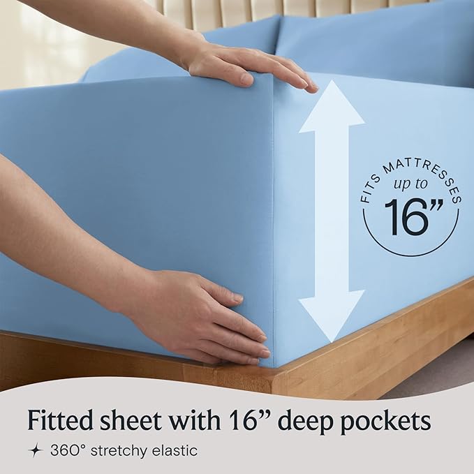 LuxClub 4 PC Full Sheet Set, Deep Pockets Wrinkle Free Cooling Bed Sheets Hotel Bedding for Women, Men, Kids & Teens, Includes 1 Fitted Sheet, 1 Flat Sheet and 2 Pillowcases-Soft Sky