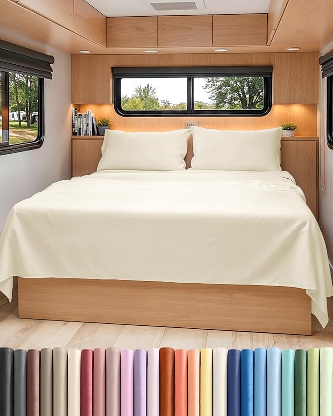 RV Short Queen Sheet Set 60 X 75 - 4 Piece RV Short Queen Bed Sheets - Soft, Breathable & Cooling - Designed for Bunks, Trailers & Campers - Fits 8” to 12" Mattress - Hotel Luxury Bedding - Off White
