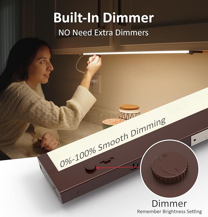 Leetdud Under Cabinet Lighting Plug in or Hardwired Built-in Dimmer, 18 Inch 9W, 5CCT 2700/3000/3500/4000/5000K, Linkable Counter Lights for Kitchen, ETL Dimmable LED Light Fixture, Bronze