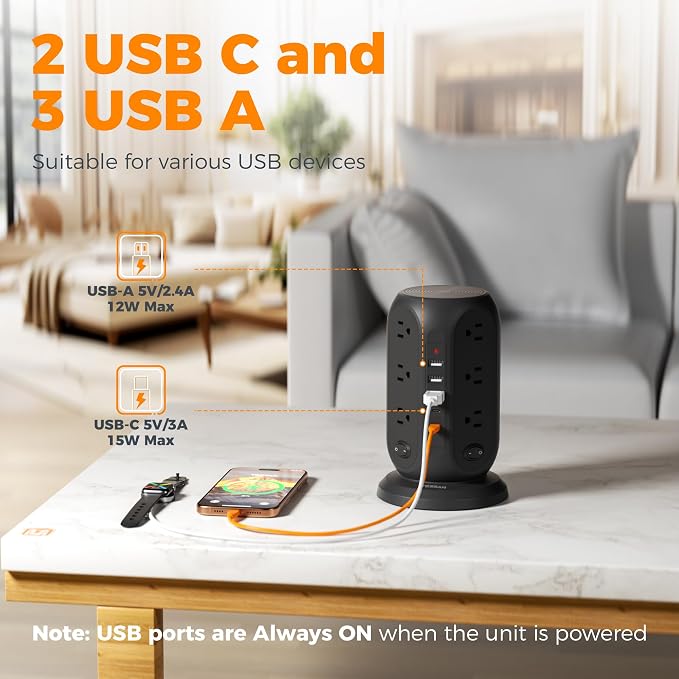 TESSAN Tower Power Strip Surge Protector, Flat Extension Cord 10 Ft, 5 USB Ports - Image 7