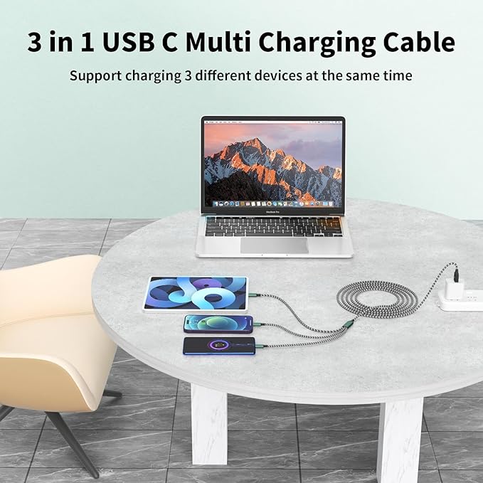 USB C Multi Charging Cable, (3 Pack 4FT), 3 in 1 Charging Cable Nylon Braided Universal Charger Cable with Type-C, Micro USB,IP Port for iPhone16/15 Series/Cell Phones & Pads and Other Devices
