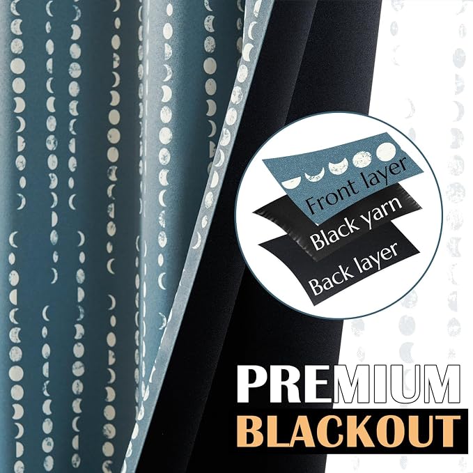 jinchan Boho Blackout Curtains 63 Inch Length Moon Phase Printed Drapes | Blue - Image 3