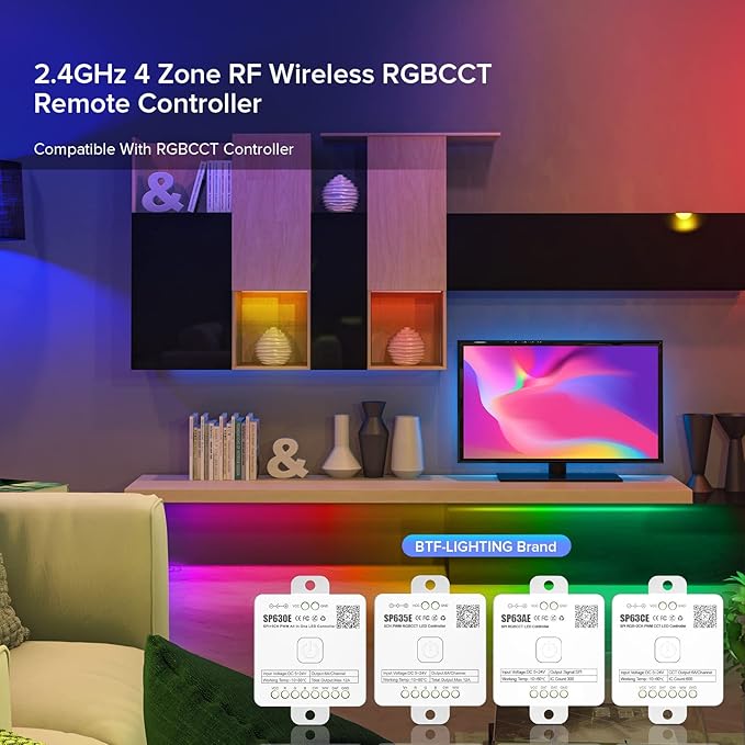 BTF-LIGHTING RB4 2.4G Wireless Touch RF Remote for FCOB SMD Chasing RGBCCT LED Strip Light 4 Zone Control Match with SP530E SP630E SP635E SP63AE SP63CE Controller