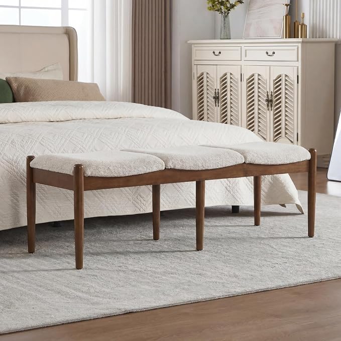 Modern Bedroom Ottoman Bench, Boucle Beige End of Bed Bench Entryway Bench - Image 3