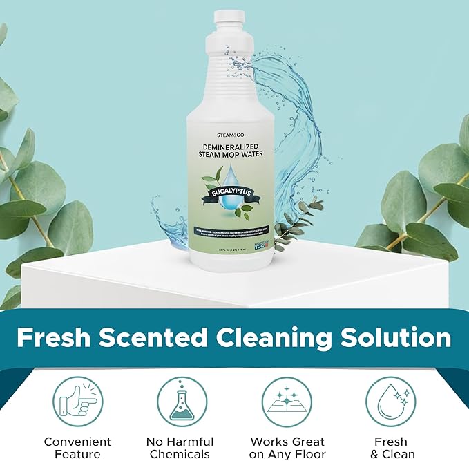 Steam & Go Demineralized Water for Steam Cleaner, PVC-Free Floor Cleaner Liquid Compatible With Any Steam Mop, Ready-to-Use Multisurface Cleaner, Scented, Eucalyptus Mint, 32 oz, Pack of 18