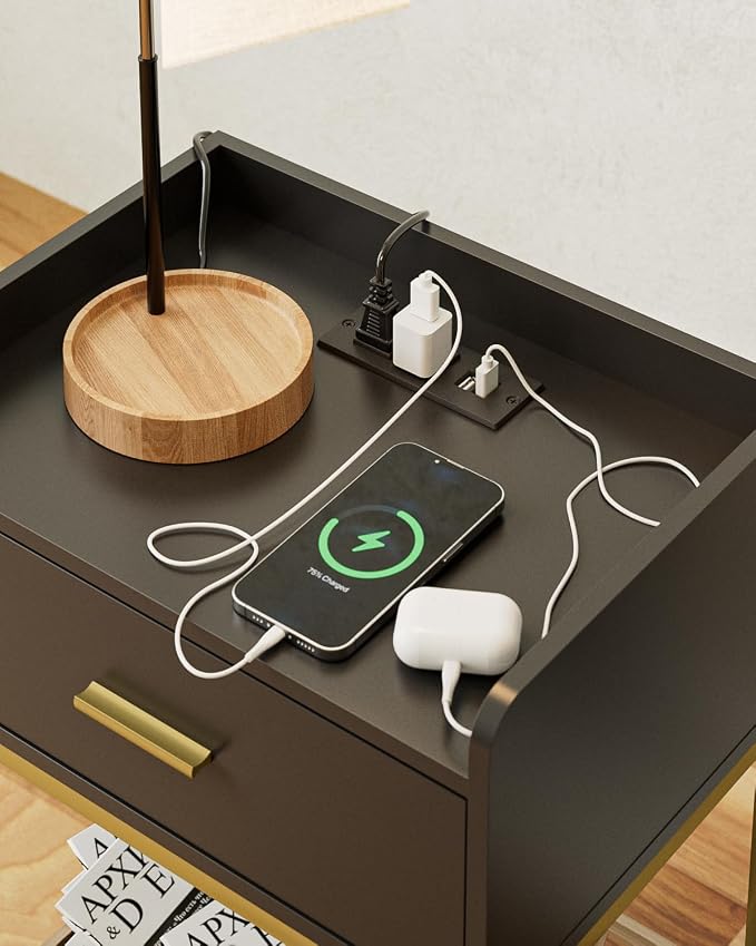 Nightstand with Charging Station, 3-Tier Bedside Table - Image 7