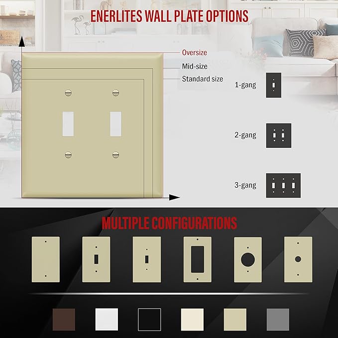 ENERLITES Double Toggle Switch Cover, Two Gang Light Switch Wall Plate, Gloss Finish, Oversized 2-Gang 5.5" x 5.5", Unbreakable Polycarbonate Thermoplastic, UL Listed, 8812O-I, Ivory