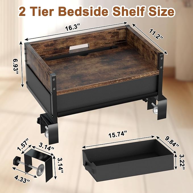 2 Tier Bedside Shelf, Clip on Bedside Caddy Organizer - Image 2