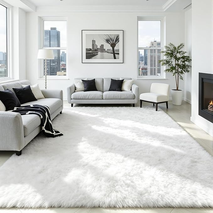 5x8 Fluffy Area Rug for Living Room: Soft Non-Slip White Bedroom Carpet | Ultra - Image 2