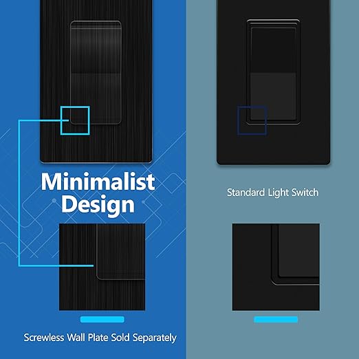 LIDER Brushed Black Minimalist Design Decorator Switch with Screwless Wall Plate, Frameless Wall Light Switch, On/Off Rocker Switch, Single Pole, Residential Grade, 3 Wire, 15A 120-277VAC, 5 Pack