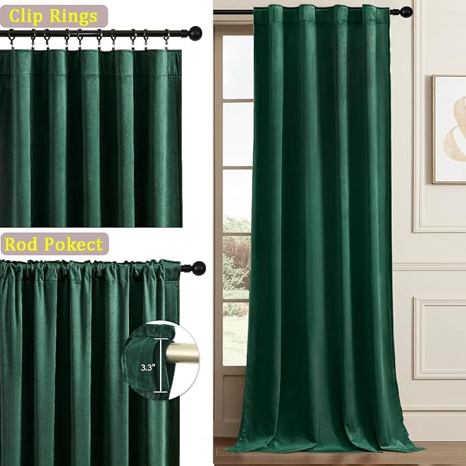 Timeper Green Velvet Curtains 108 inches 2 Panels, Back Tab & Rod Pocket - Image 2
