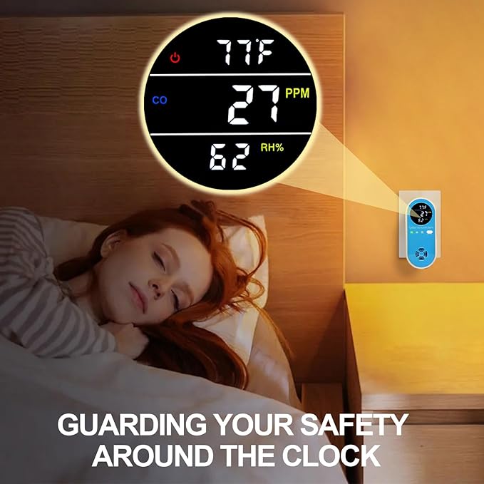 Vzmcov Plug-in Carbon Monoxide Detector with Real-Time CO Display & Temperature/Humidity Monitor, Plug-in CO Alarm for Home, RV, Apartment, Indoor Air Safety 3-Pack