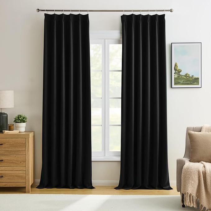 Black Curtains Blackout 102 Inches Long, Luxury Faux Silk Polyester Pinch by KEQIAOSUOCAI