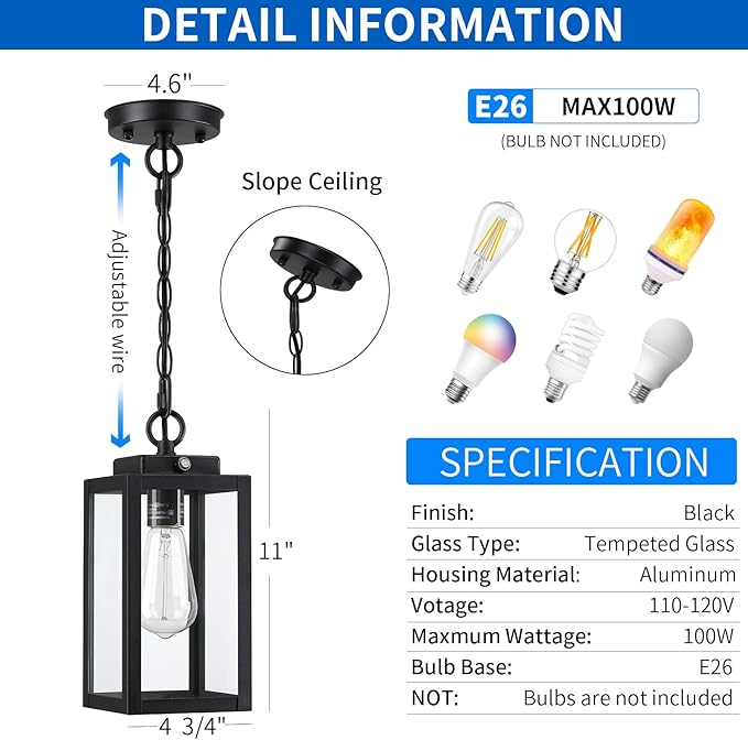 11'' Dusk to Dawn Outdoor Pendant Light, Modern Outside Chandelier Outdoor Hanging Lantern Light, Matte Black with Clear Glass, Exterior Pendant Lighting Fixture for Porch, Yard, Gazebo, 1Pack (Small)