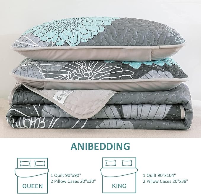 Yiran Grey Aqua Floral Quilt Set Queen Size 3 Pieces Botanical Quilt Set | - Image 8