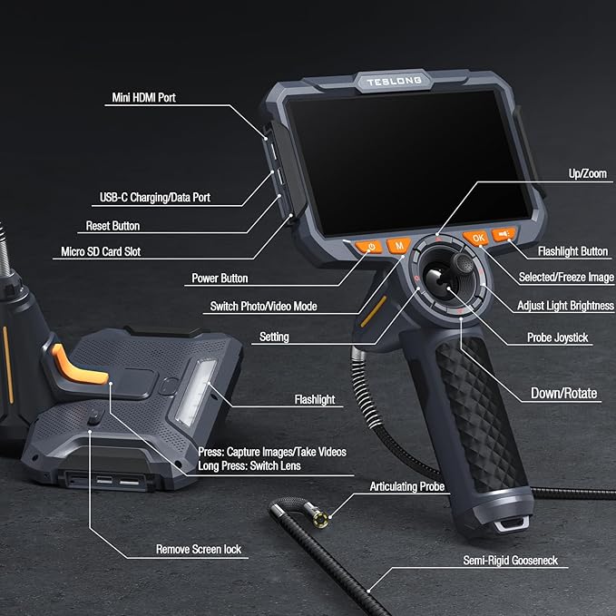 360 Articulating Borescope with 6” Monitor, Teslong Mechanics Inspection Camera with 4-Way Joystick Articulation, HD Steerable Endoscope Camera with Light, See in Wall Engine Hole Camera(0.24inch-5FT)