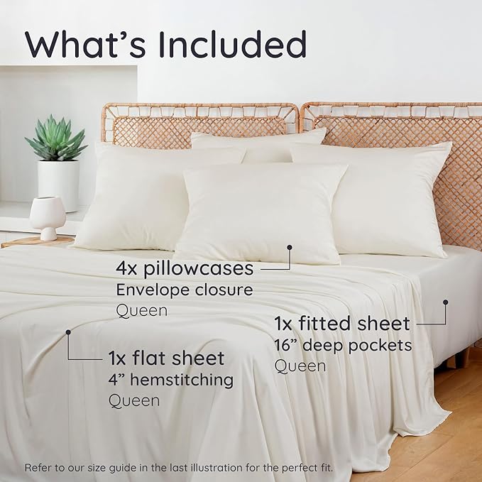 Bambaw Queen Sheet Set 6pcs – 100% Viscose Derived from Bamboo Sheets Queen Size Deep Pocket, Fits Up to 16'' with Elastic Corner Straps, Breathable & Cooling Sheets, Bedding for Night Sweats (Ivory)