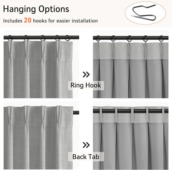 Pinch Pleated Full Blackout Faux Linen Curtains 102 Inches Long | Grey - Image 3