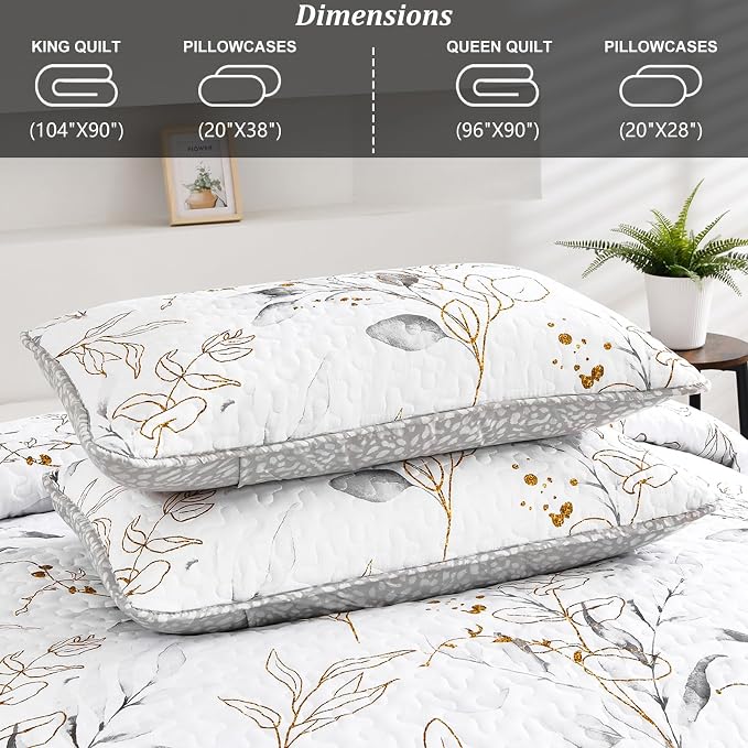 Anibedding Grey Quilt Set Queen, Botanical Bedspread - Image 6