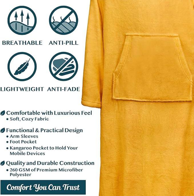 PAVILIA Fleece Blanket with Sleeves, Foot Pockets for Women Men Adults, Plush Wearable Blanket Throw Wrap, Warm Snuggle Blanket Robe, Cozy Gift Ideas Wife Mom, Mustard Yellow