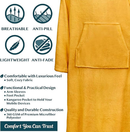 PAVILIA Fleece Blanket with Sleeves, Foot Pockets for Women Men Adults, Plush Wearable Blanket Throw Wrap, Warm Snuggle Blanket Robe, Cozy Gift Ideas Wife Mom, Mustard Yellow