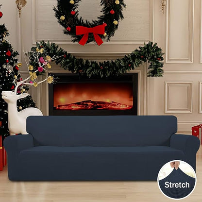 Easy-Going Stretch 4 Seater Sofa Slipcover 1-Piece Sofa Cover Furniture Protector Couch Soft with Elastic Bottom for Kids, Polyester Spandex Jacquard Fabric Small Checks Dark Blue