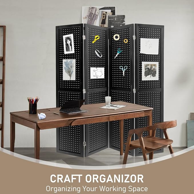 4 Panel Pegboard Room Divider | Black Wood Folding Privacy Screen - Image 8