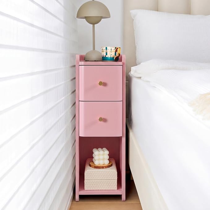 Narrow Nightstand Set of 2, Wooden Small 2 Drawer Nightstand, Slim Side End by FurSchFurniture