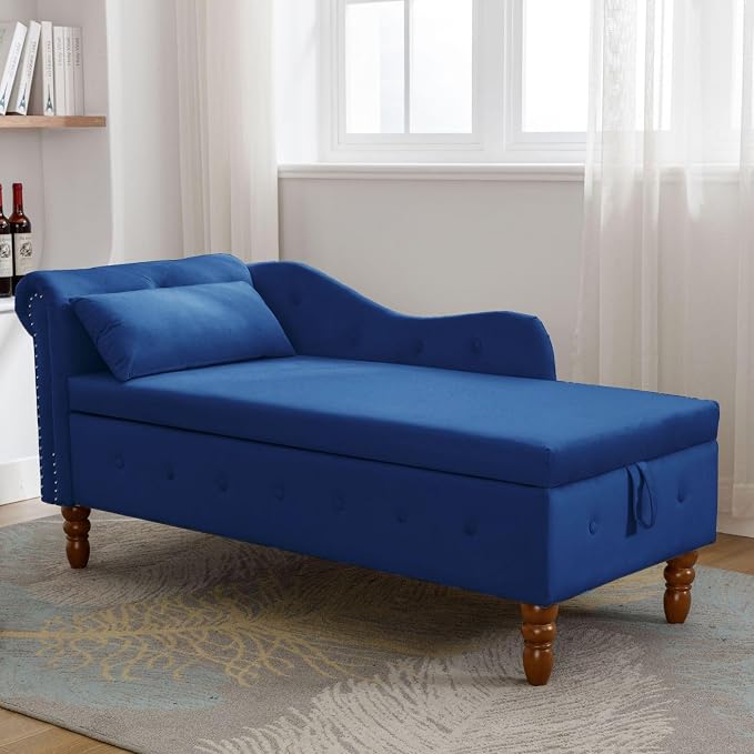 Aoowow Blue Velvet Bedroom Storage Bench End of Bed, Rolled Arm Couch Indoor by Aoowow