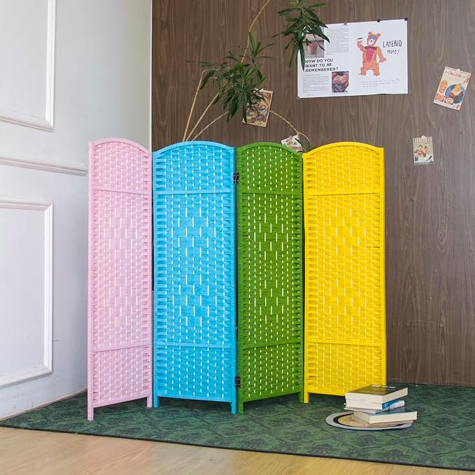 4-Panel Short Room Divider, 3.9 ft Freestanding Partition Wall, Colorful Rattan - Image 4