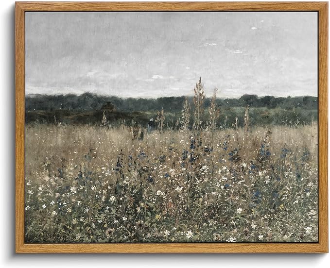 OIQArtOIQ Vintage Framed Wall Art Wildflower Field Meadow Canvas Art Prints by OIQArtOIQ